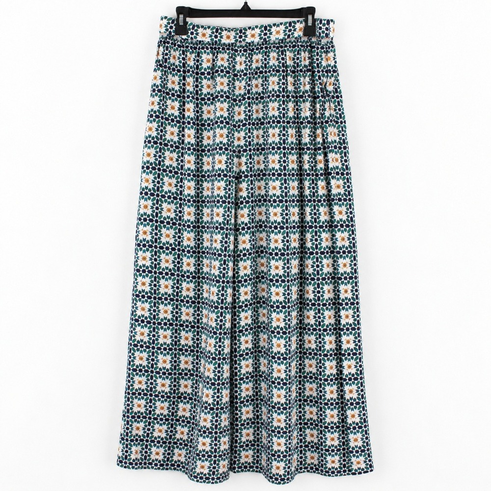 Theory Silk Mosaic Twill Smocked Culotte Wide Leg Pants Green Black Gold Large